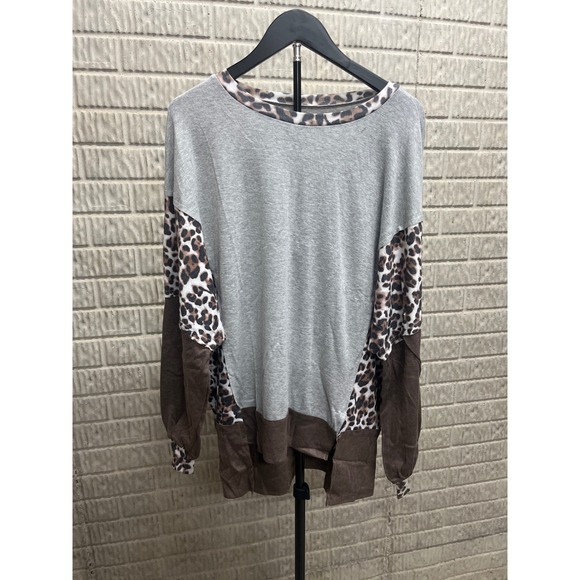 Tops - Womens‎ Leopard Print Color Block Long Sleeve Top Gray Brown Size M